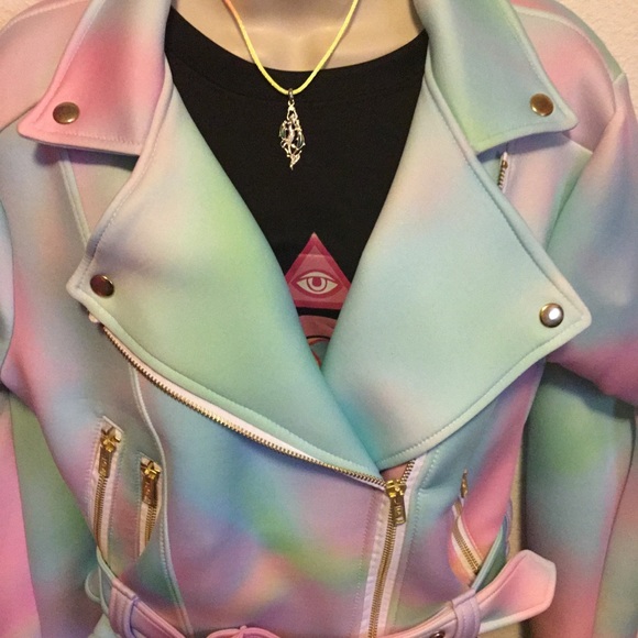 Pastel Swirl Moto style Light Jacket w belt accent - Picture 3 of 8